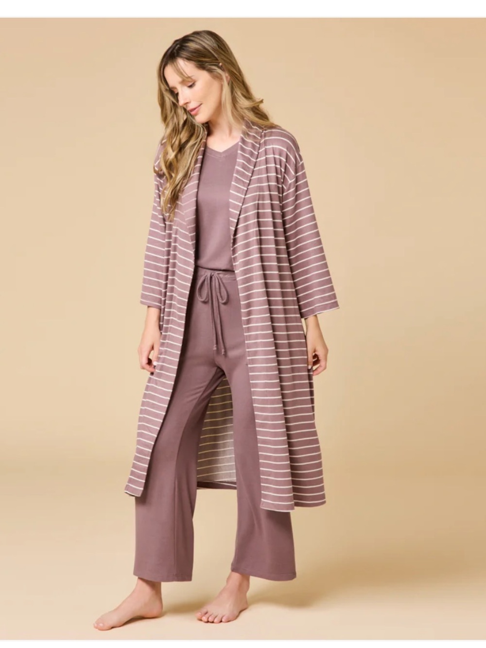 NWT Softies 42" Dream Jersey Shawl Collar Wrap Robe in Driftwood Stripe Sz S/M